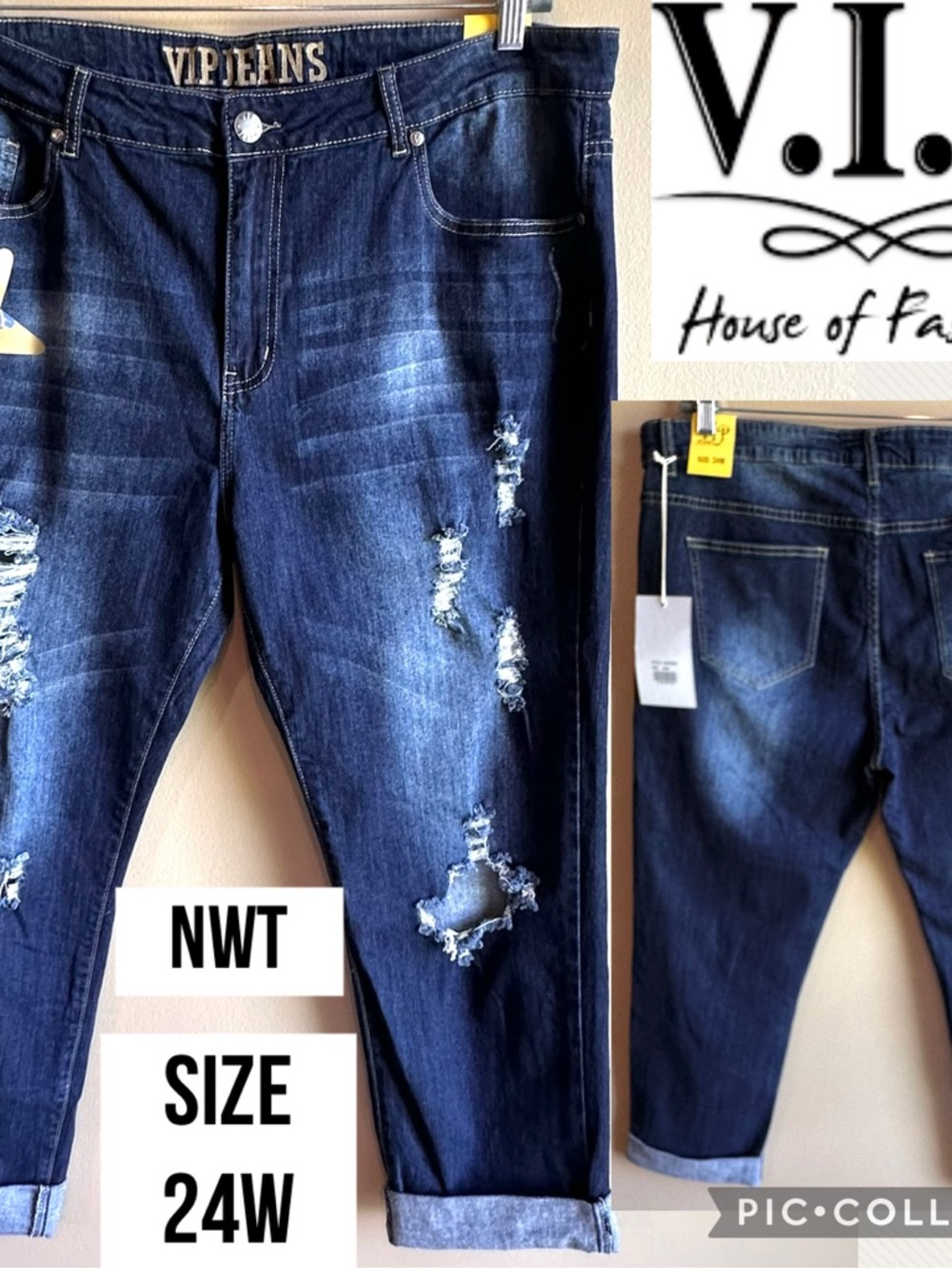 NWT VIP Womens Jeans Distressed Stretch Denim 26” Inseam Cuffed Hems Size 24W